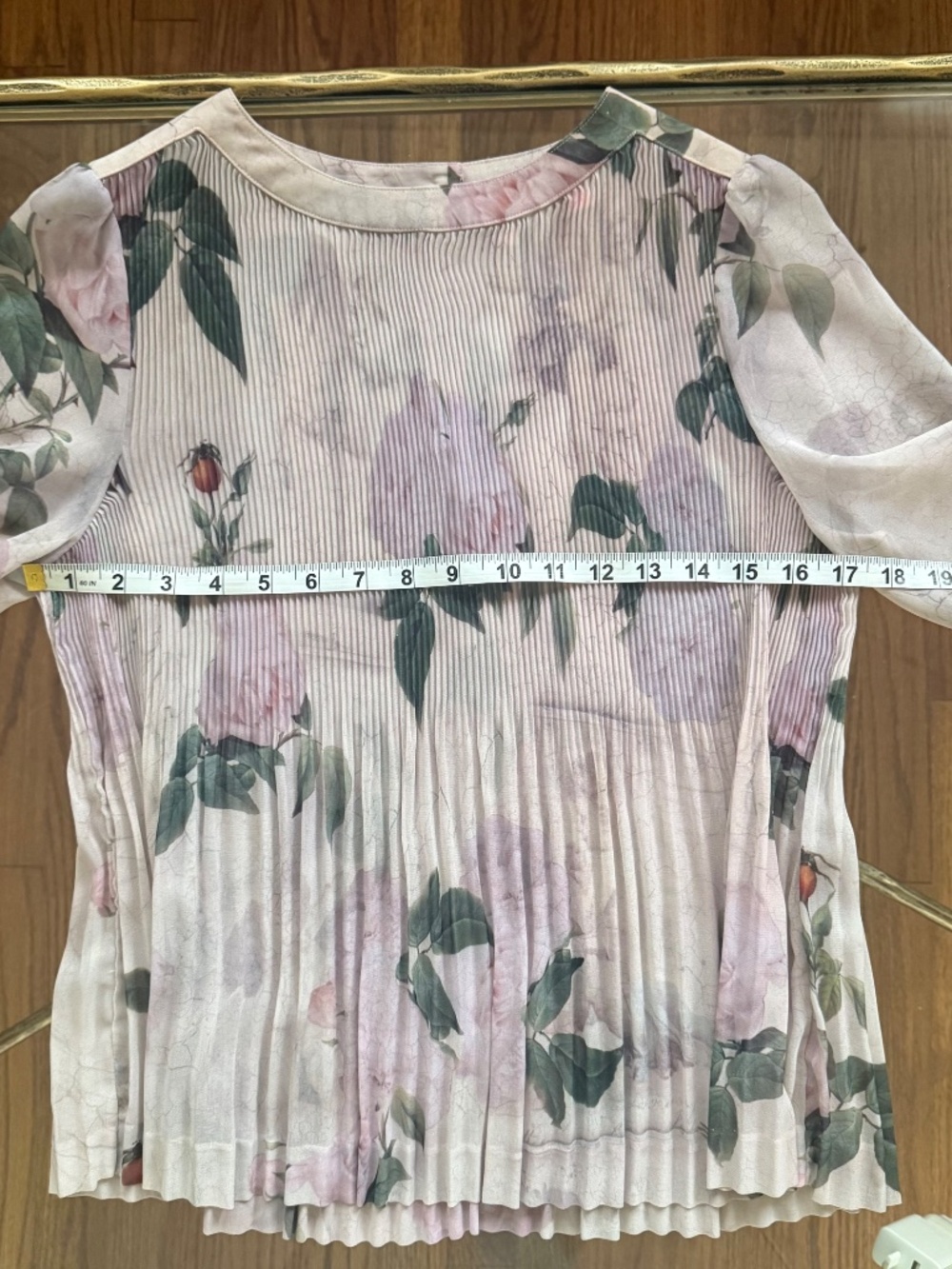 Ted Baker Pleated Sheer Floral Violet 3/4 sleeve top Sz 1 - Picture 10 of 13